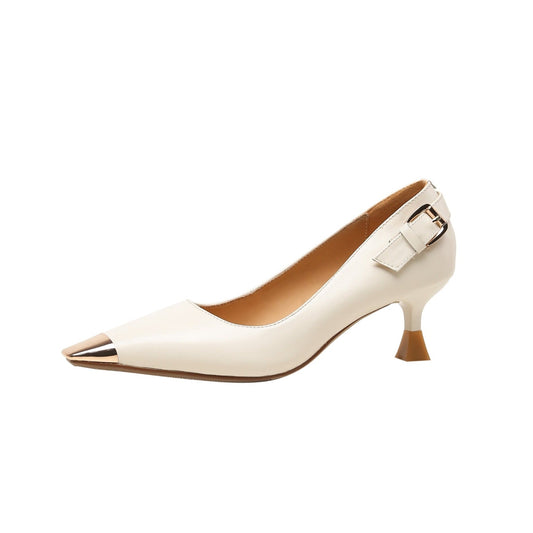 Nine Seven Genuine Leather Women's Handmade Mid Heel Metal Toe Slip On Pumps with Buckle Design
