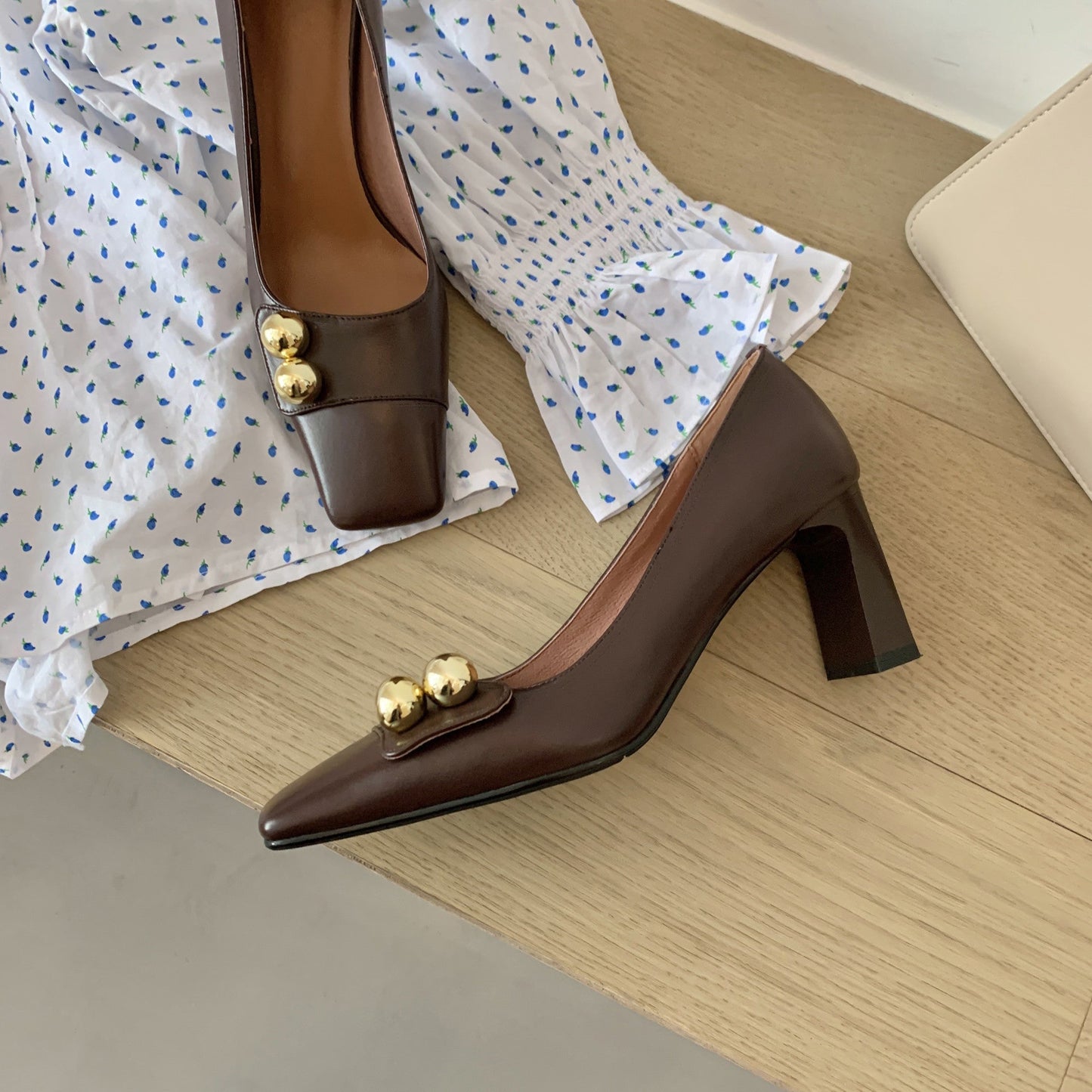 Nine Seven Women's Genuine Leather Square Toe Handmade Mid Brick Heels Slip On Fashion Pumps Shoes