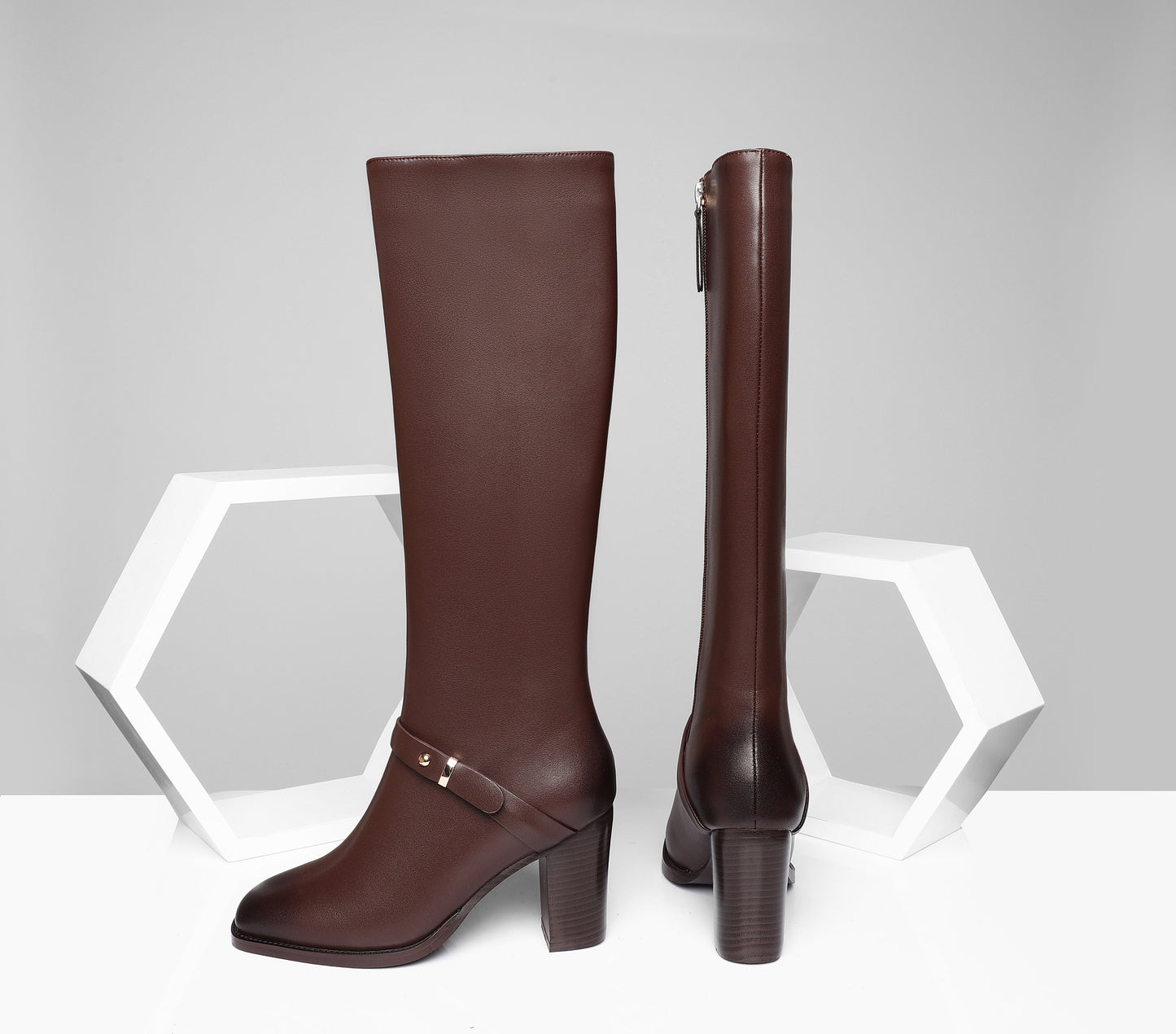 Women's Square Toe Handmade Genuine Leather Side Zip Buckle Mid Chunky Heel Classic Knee High Boots