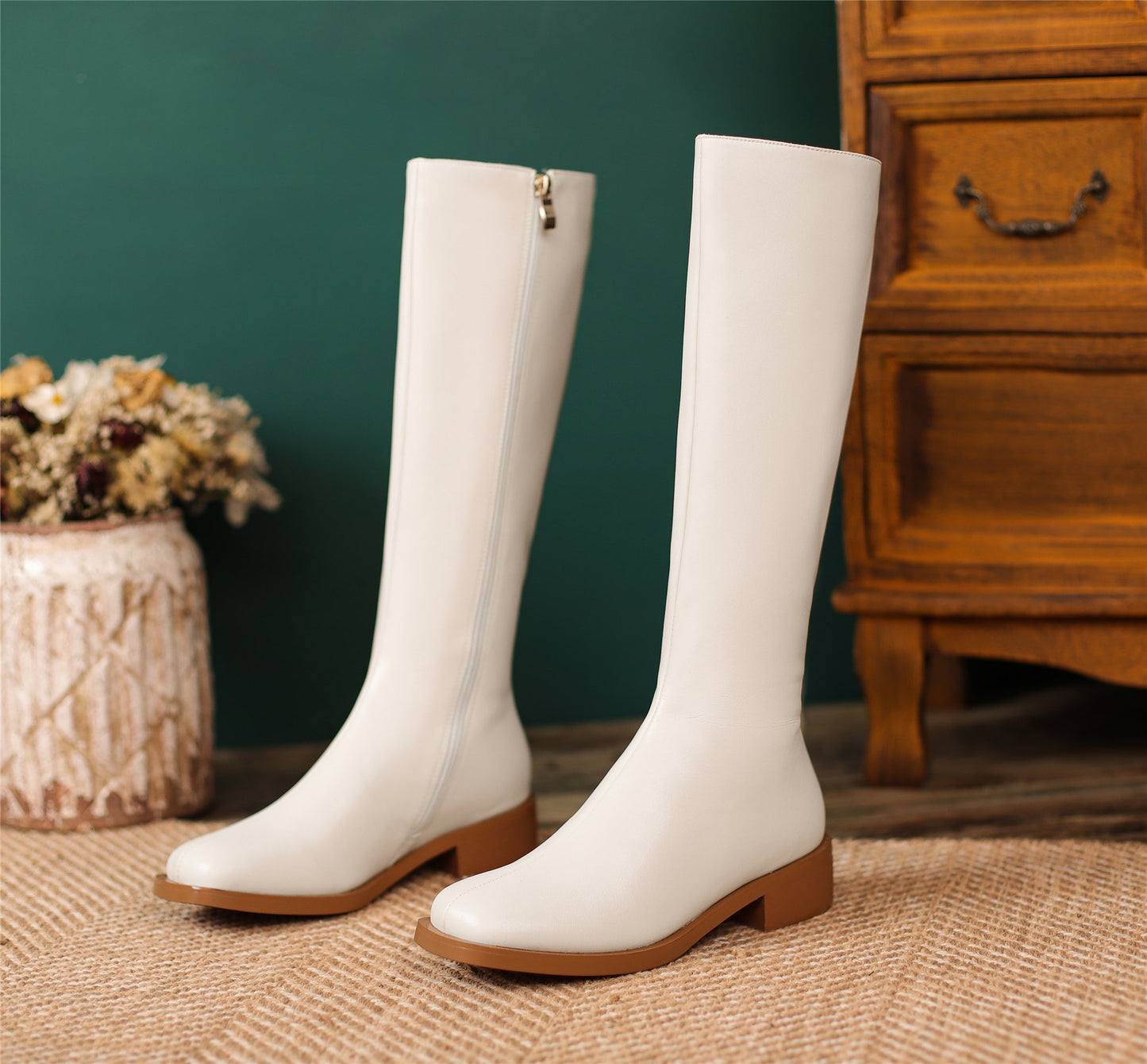 Nine Seven Women's Handmade Genuine Leather Square Toe Side Zip Up Block Heel Knee High Boots