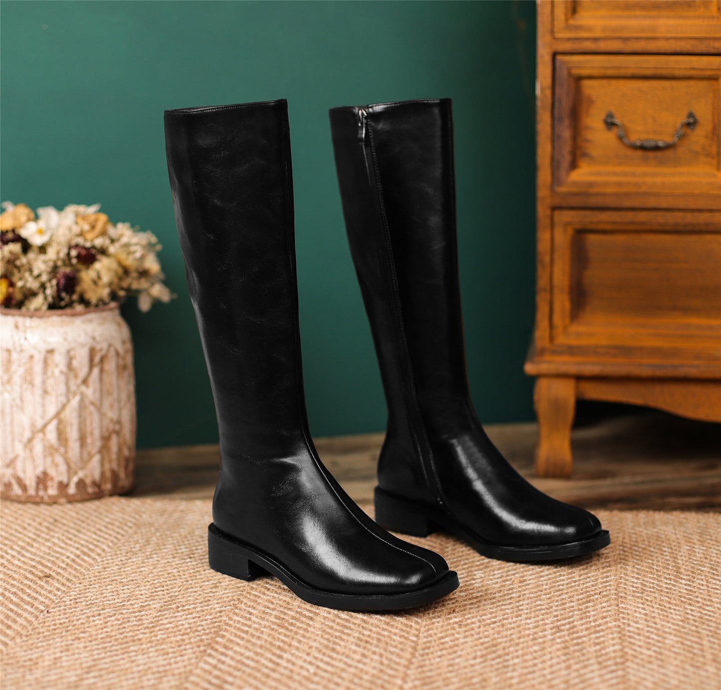 Nine Seven Women's Handmade Genuine Leather Square Toe Side Zip Up Block Heel Knee High Boots