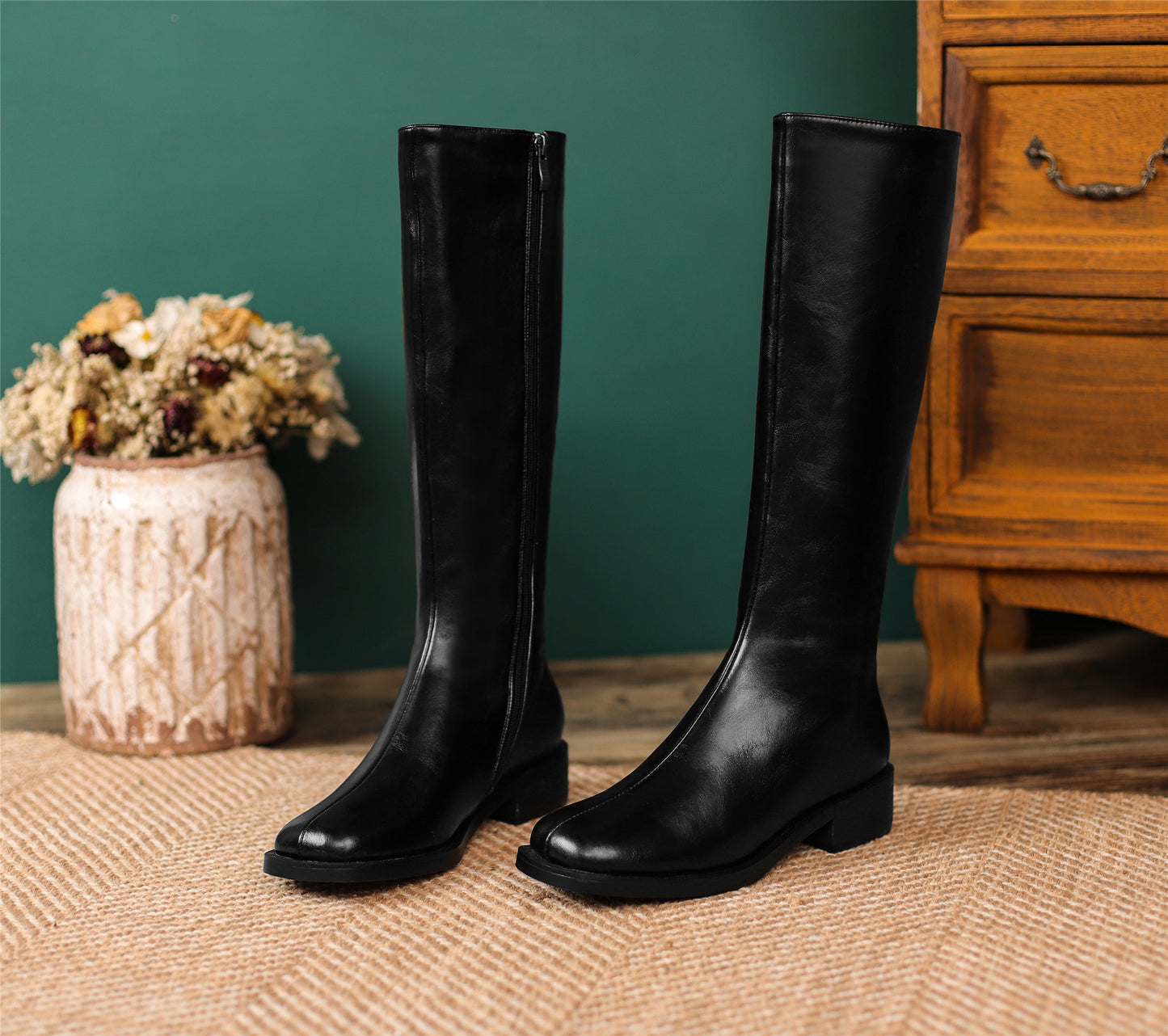 Nine Seven Women's Handmade Genuine Leather Square Toe Side Zip Up Block Heel Knee High Boots