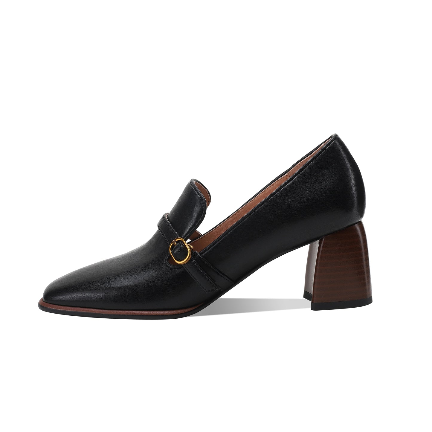 Nine Seven Women's Genuine Leather Square Toe Handmade Buckle Mid Chunky Heels Vintage Pumps Shoes
