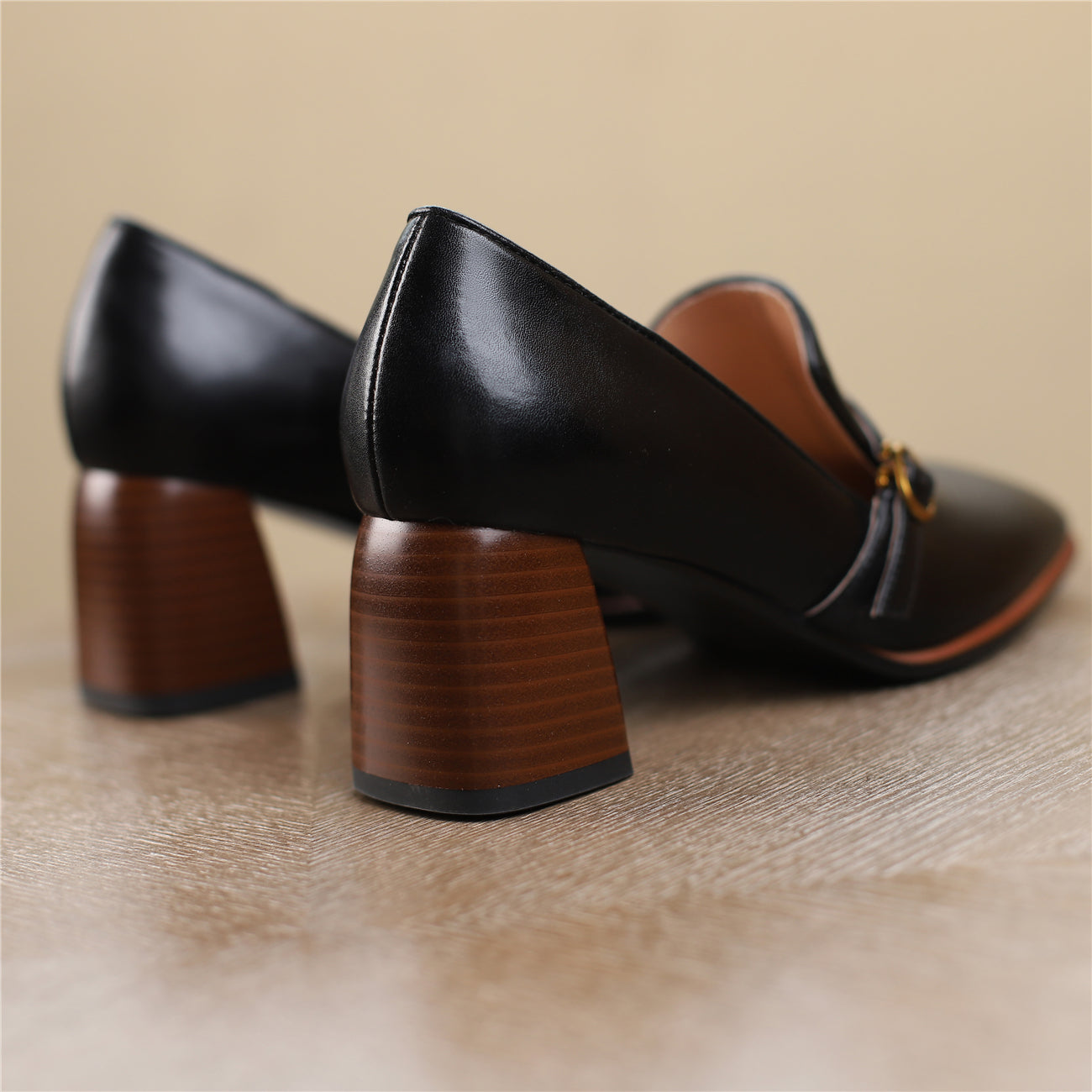 Nine Seven Women's Genuine Leather Square Toe Handmade Buckle Mid Chunky Heels Vintage Pumps Shoes