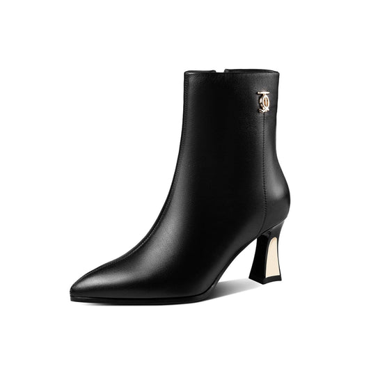 Nine Seven Women's Handmade Genuine Leather Side Zip Up Mid Heel Pointed Toe Elegant Ankle Booties