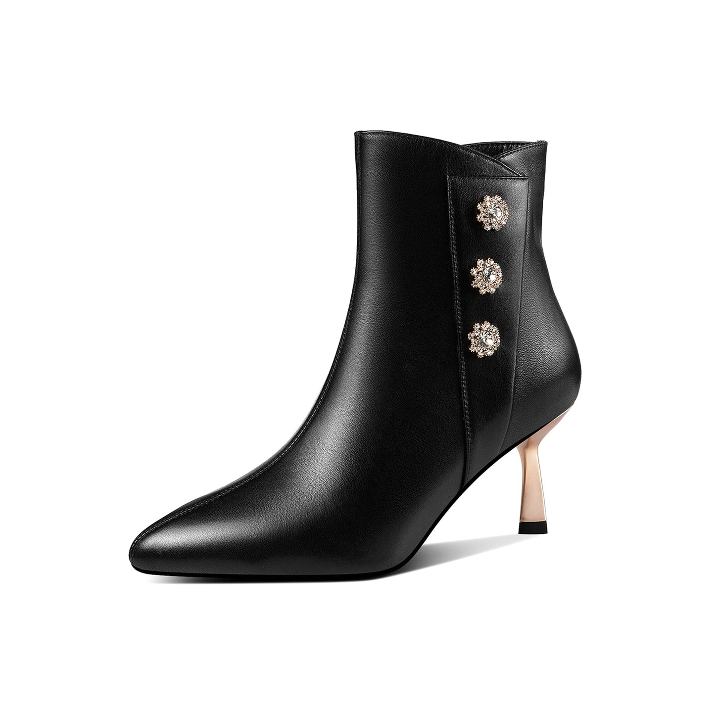 Handmade Women's Genuine Leather Side Zip Up Metal Heel Pointed Toe Ankle Booties with Glitter Flowers