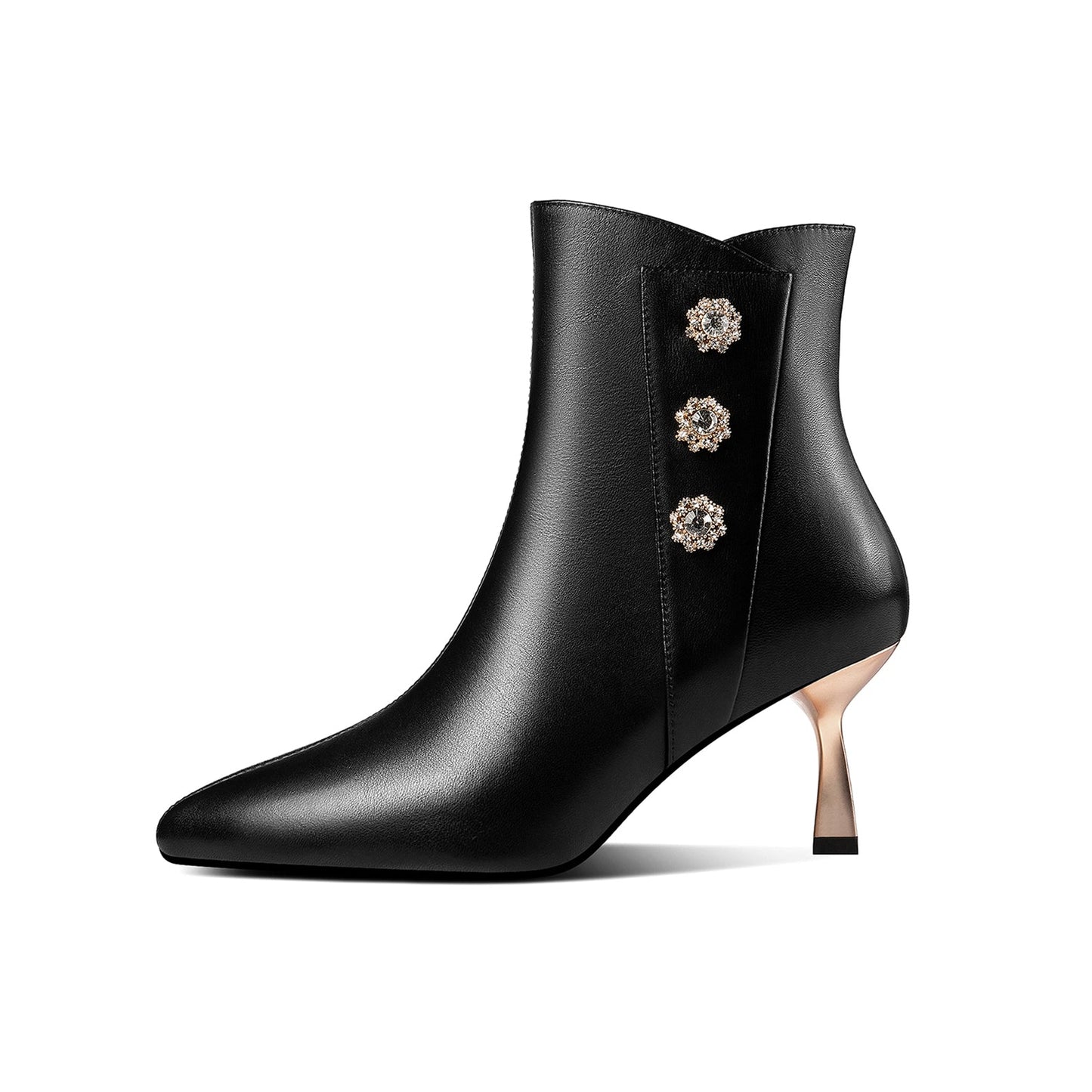 Handmade Women's Genuine Leather Side Zip Up Metal Heel Pointed Toe Ankle Booties with Glitter Flowers