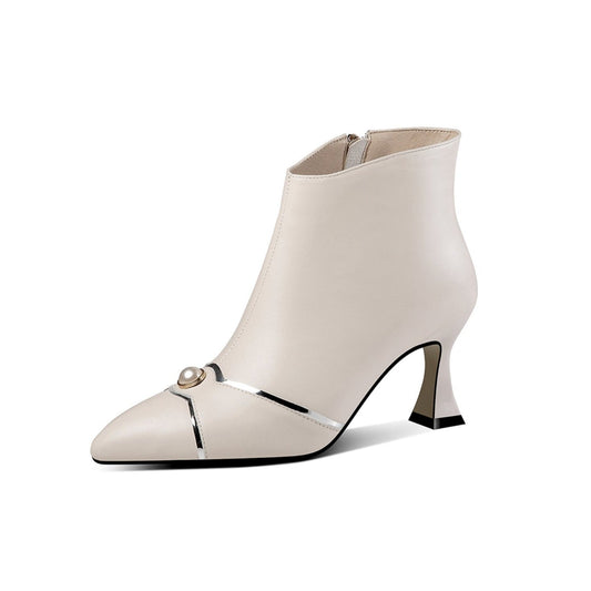 Nine Seven Handmade Women's Genuine Leather Side Zip Up Spool Heel Pointed Toe Elegant Ankle Boots