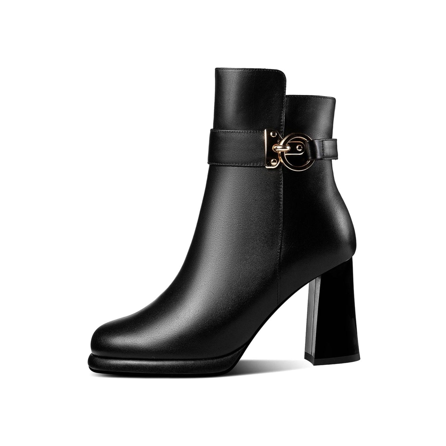 Handmade Women's Genuine Leather Side Zip Up Chunky Heel Buckle Design Stylish Ankle Boots with Platform