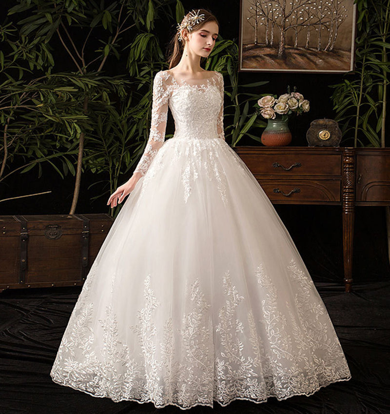 BelaCustom Bridal Dresses Jewel Neck Long Sleeve Appliques A-Line Wedding Dress