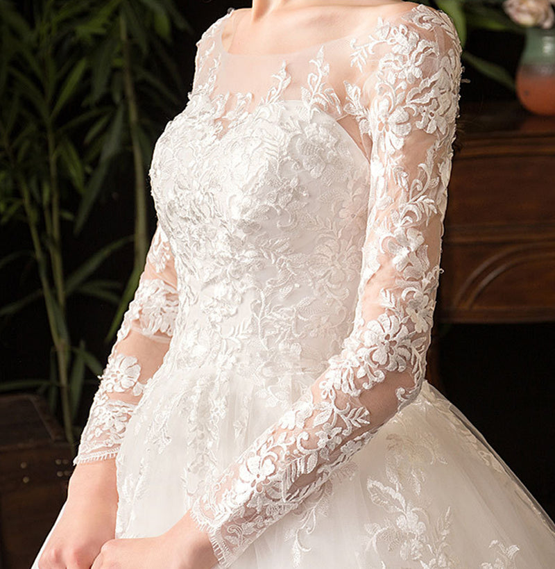 BelaCustom Bridal Dresses Jewel Neck Long Sleeve Appliques A-Line Wedding Dress