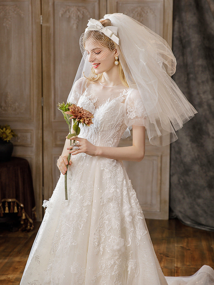 BelaCustom Pearl Appliques Sequins Short Sleeve Chapel Train A-Line Wedding Dress