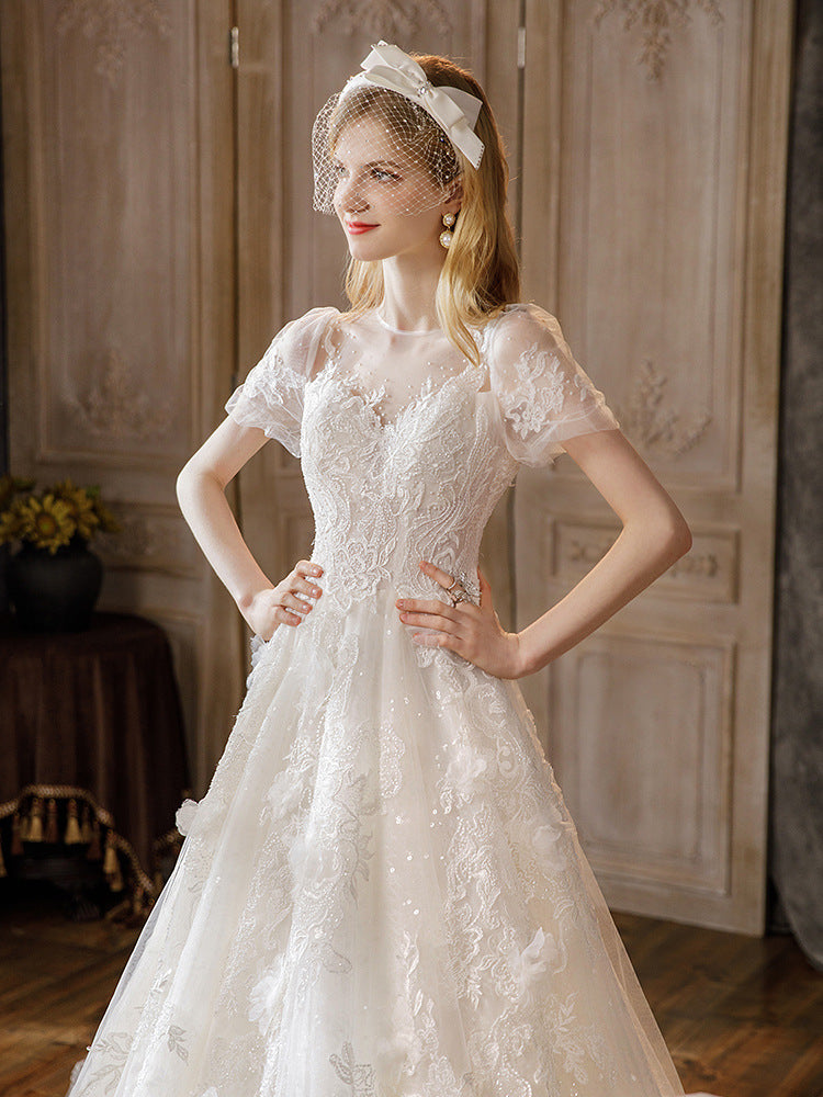 BelaCustom Pearl Appliques Sequins Short Sleeve Chapel Train A-Line Wedding Dress