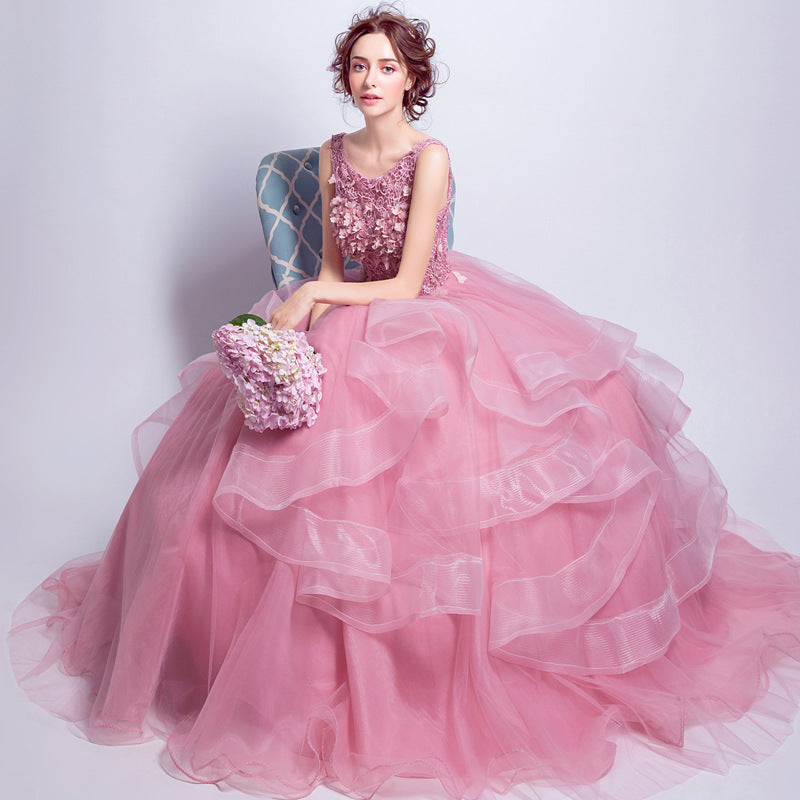 BelaCustom Princess Ruffle Pink Wedding Dresses for Bride Lace Up Bridal Gowns with Embroidery Flower