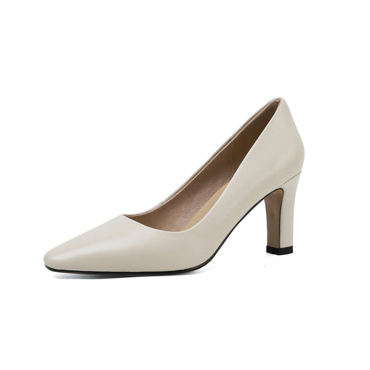 Nine Seven Women's Genuine Leather Handmade High Heel Square Toe Easy Slip On Pump Shoes