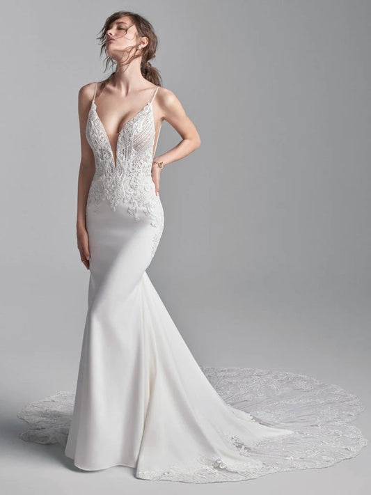 BelaCustom Pluging V-Neck Appliques Spaghetti Strap Detachable Off Shoulder Deep V Back Petal-Shaped Train Wedding Dress Customization