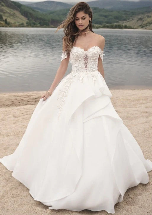 BelaCustom Off Shoulder Appliques Draped Ruffle A-Line Wedding Dress Customization