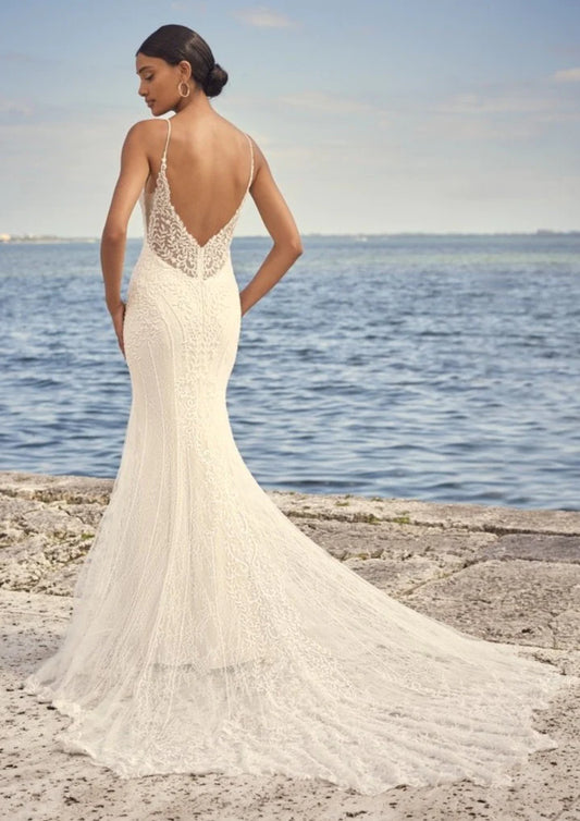 BelaCustom Spaghetti Straps Deep V-Neckline Lace Appliques Deep V-Back Wedding Dress Customization