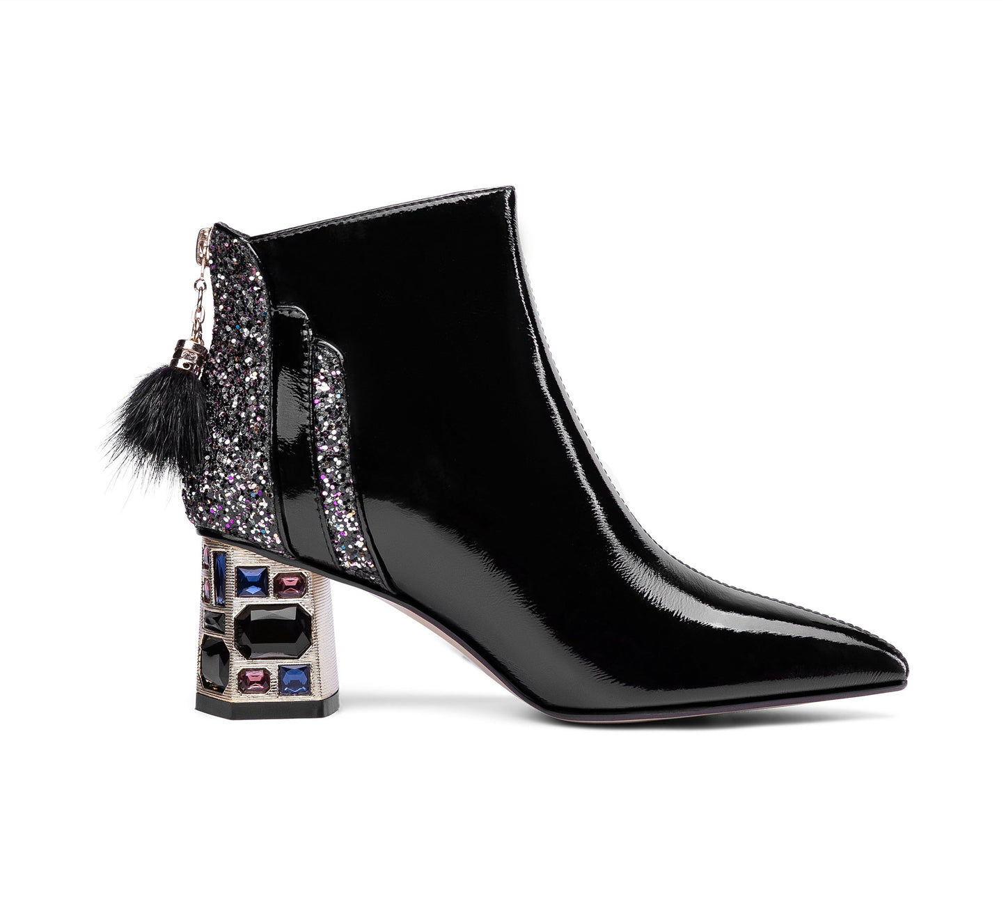 Women's Patent Leather Handmade Crystal Mid Chunky Heel Back Zipper Pointed Toe Plus-Size Ankle Boots With Glitter and Fur Pendant