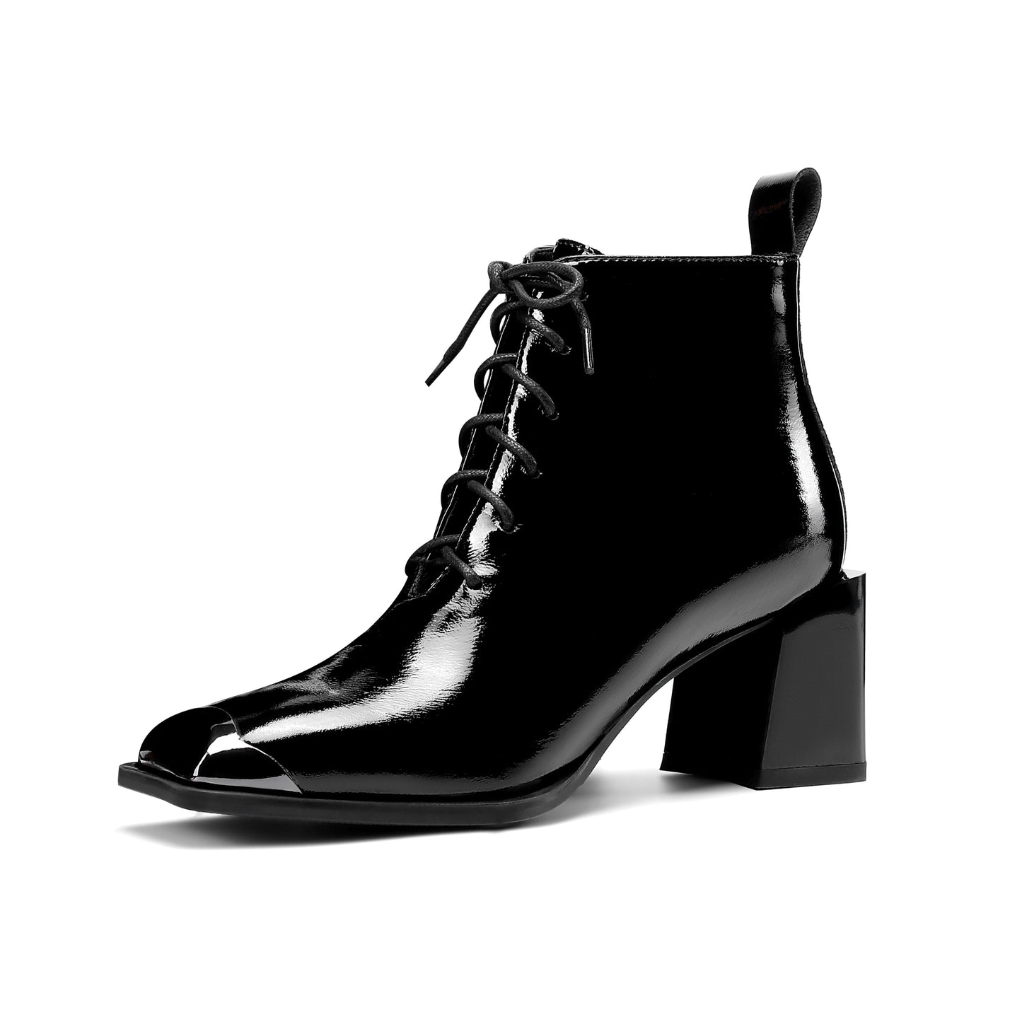 Women's Handmade Patent Leather Classic Square Toe Mid Block Heel Side Zip Lace Up Stylish Ankle Boots