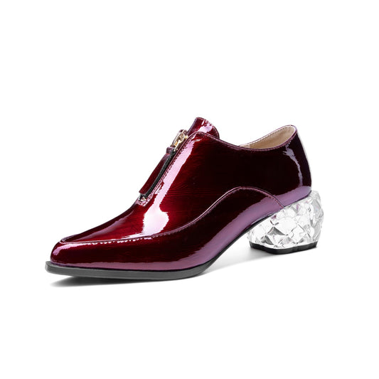 Women's Glossy Patent Leather Handmade Clear Pointed Toe Chunky Heel Front Zip Pumps