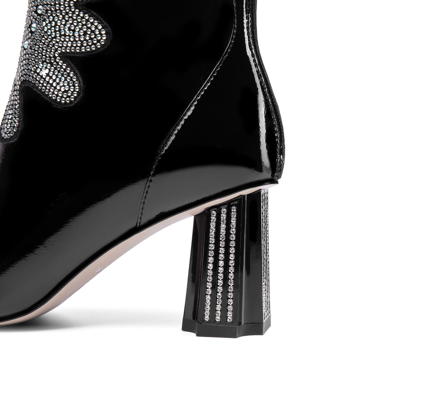 Women's Patent Leather Handmade Mid Chunky Heel Back Zipper Pointed Toe Plus-Size Ankle Boots With Glitter Rhinestones