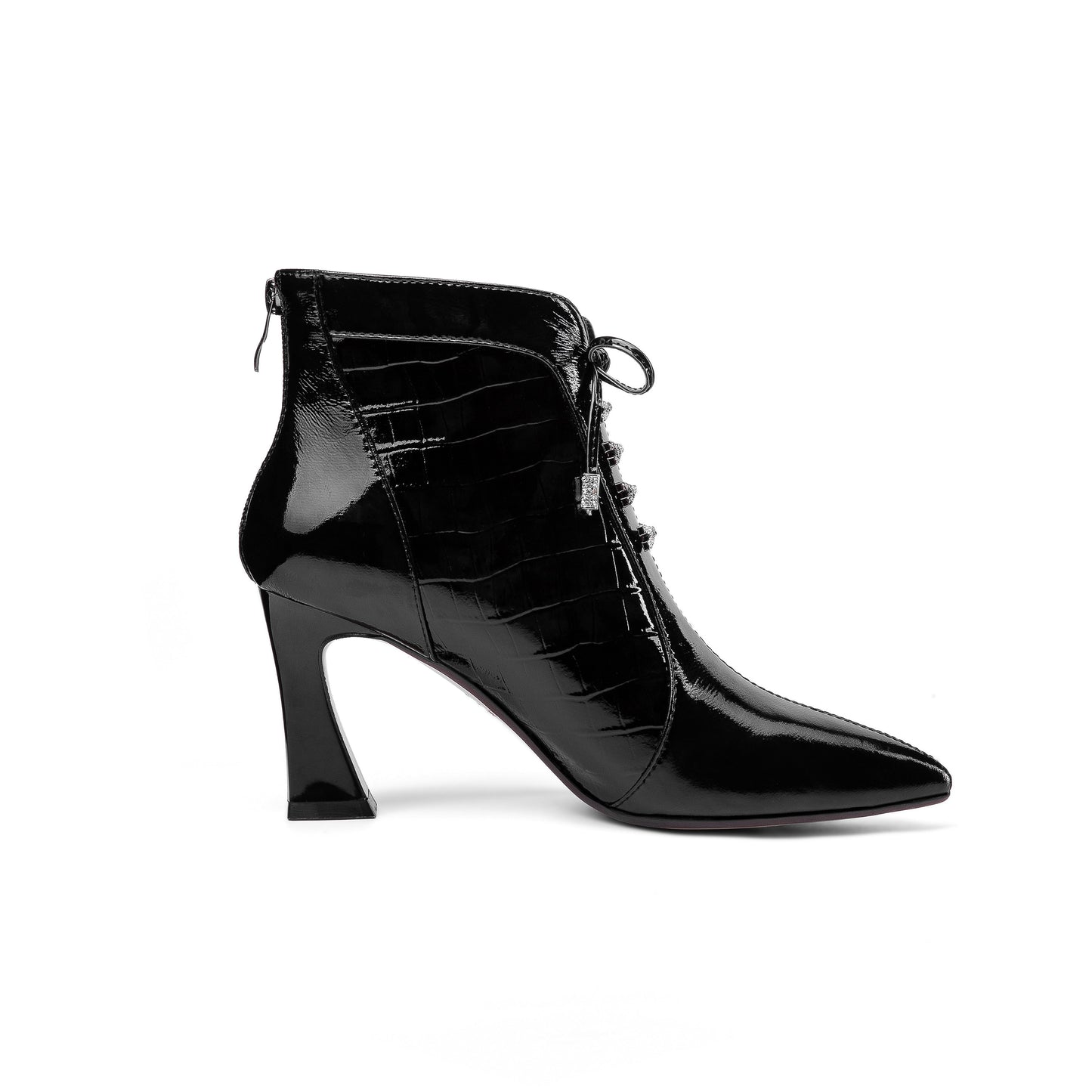 Women's Handmade Patent Leather Pointed Toe Sexy High Spool Heel Zip Up Plus-Size Ankle Booties with Bowtie