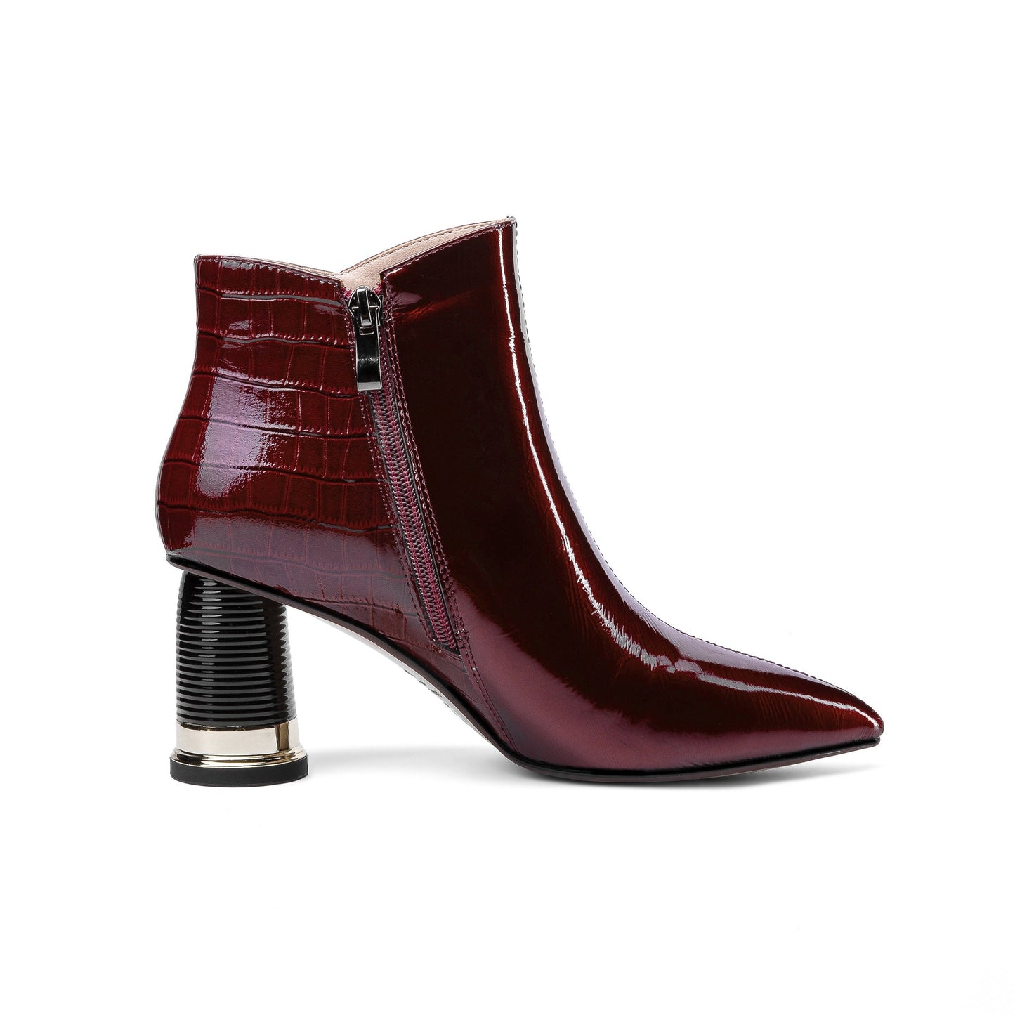 Women's Patent Leather Handmade Pointed Toe Side Zip Up Stylish Cylindrical Mid Heel Ankle Boots