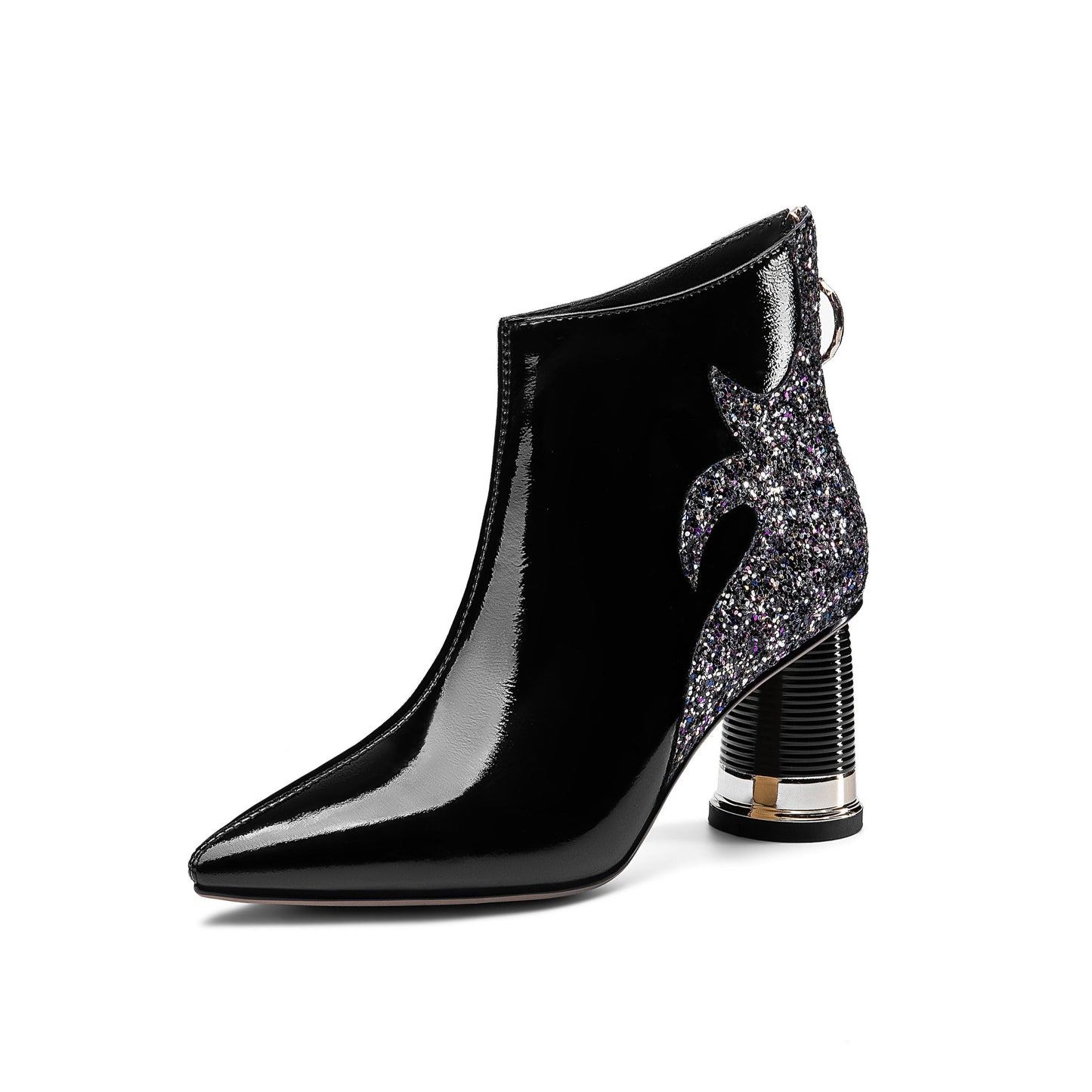 Women's Glossy Patent Leather Handmade Comfortable Block Heel Pointed Toe zip Up Ankle Booties with Glitter Pattern