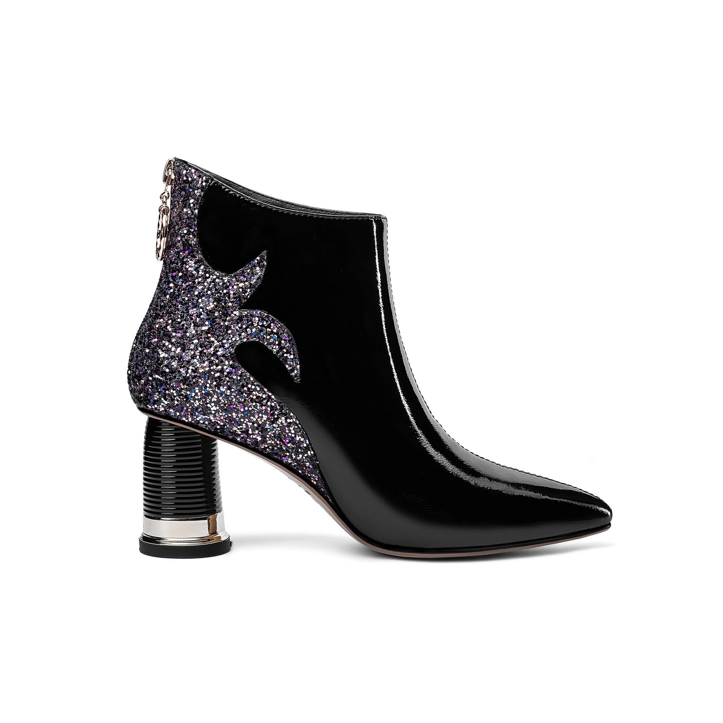 Women's Glossy Patent Leather Handmade Comfortable Block Heel Pointed Toe zip Up Ankle Booties with Glitter Pattern