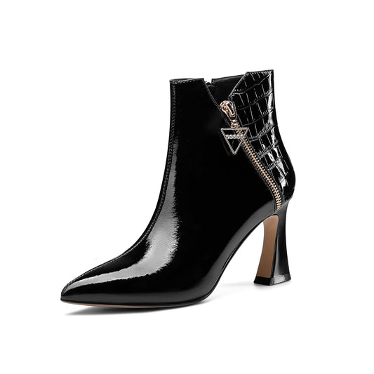 Women's Handmade Patent Leather Pointed Toe High Heel Side Zip Up Glossy Plus Size Ankle Booties