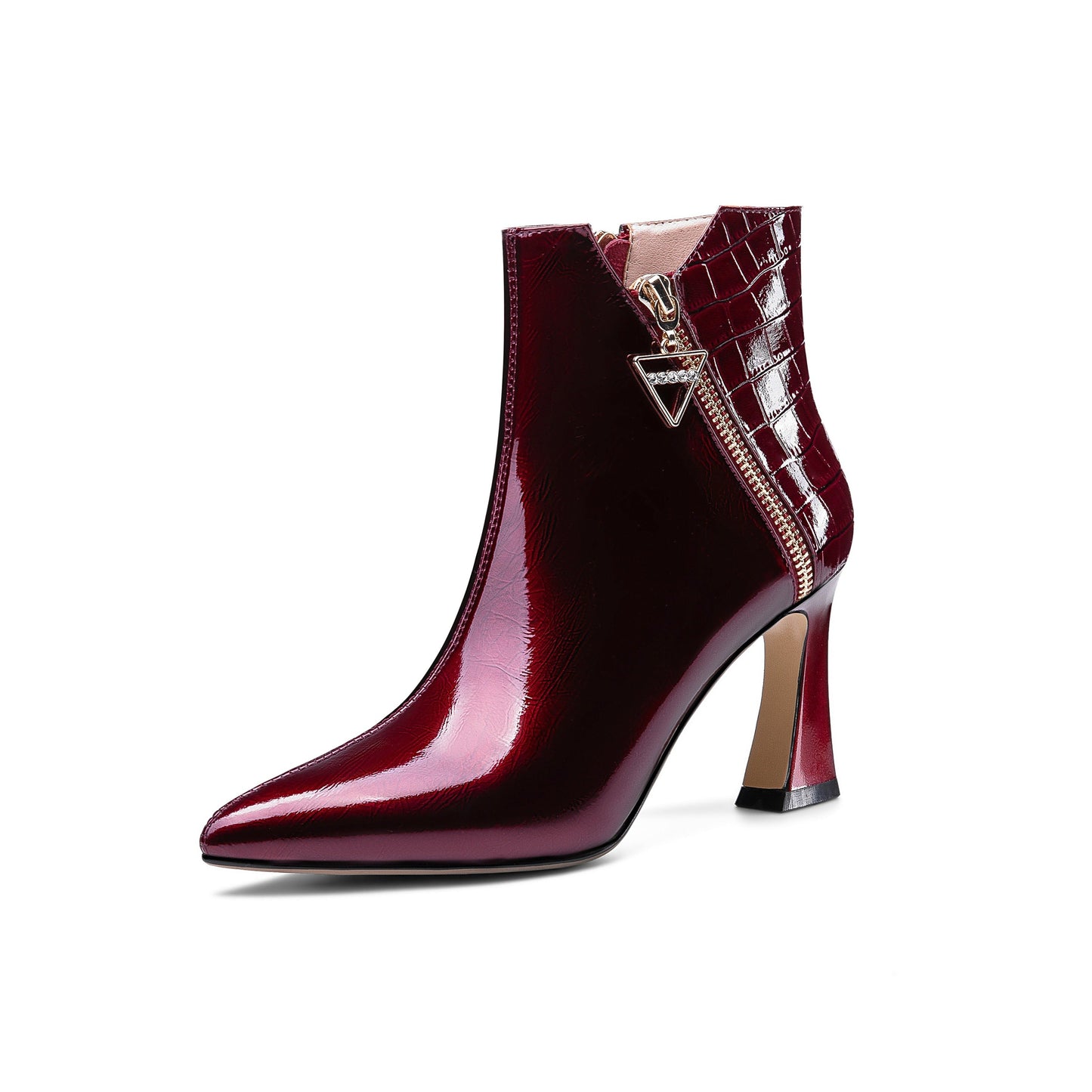 Women's Handmade Patent Leather Pointed Toe High Heel Side Zip Up Glossy Plus Size Ankle Booties