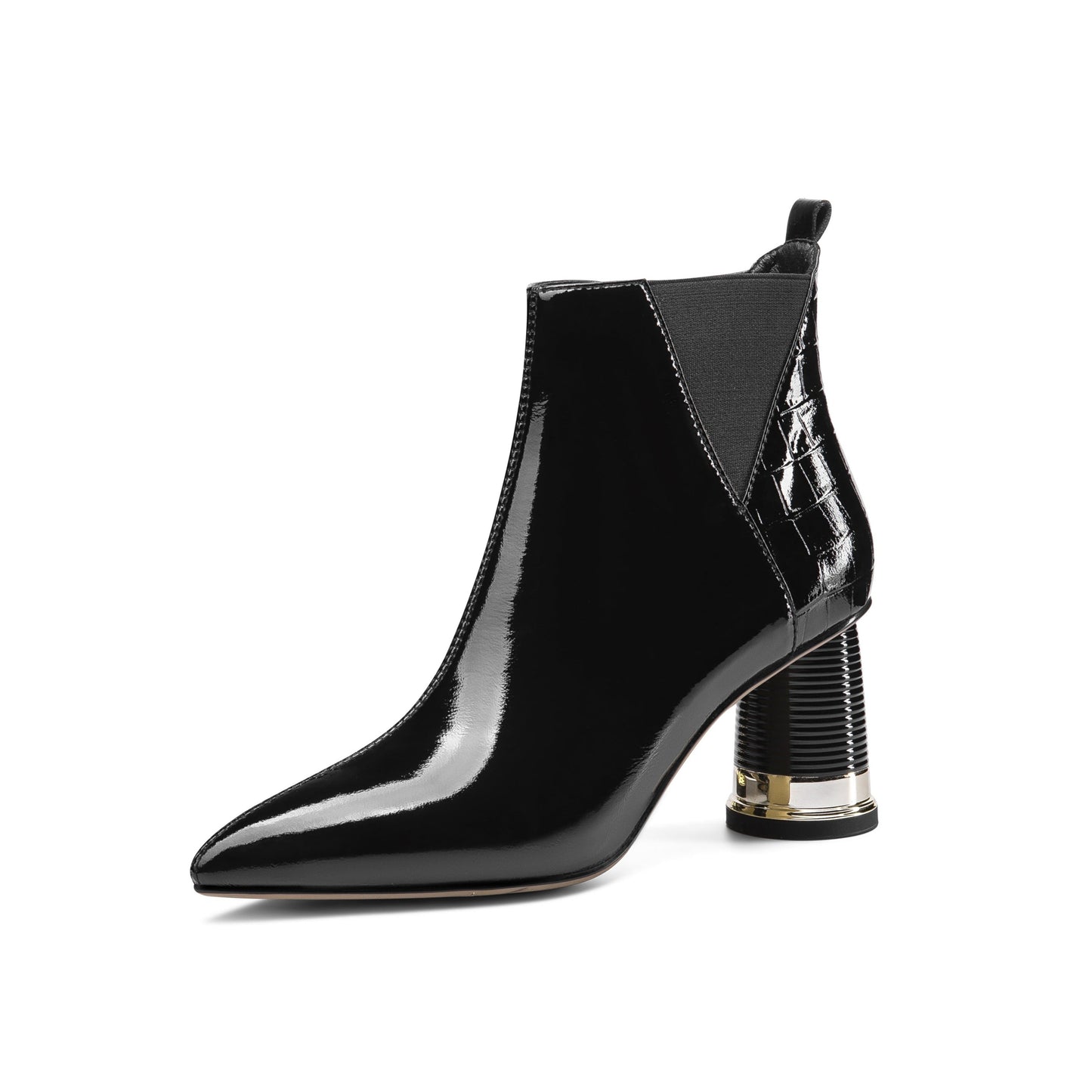 Women's Glossy Patent Leather Handmade Mid Chunky Heel Side Zip Up Pointed Toe Stylish Ankle Boots