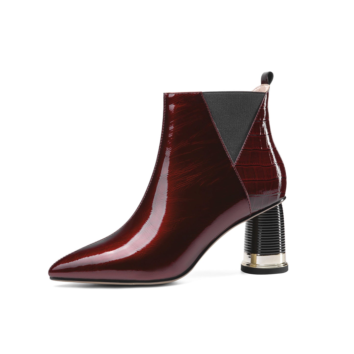 Women's Glossy Patent Leather Handmade Mid Chunky Heel Side Zip Up Pointed Toe Stylish Ankle Boots