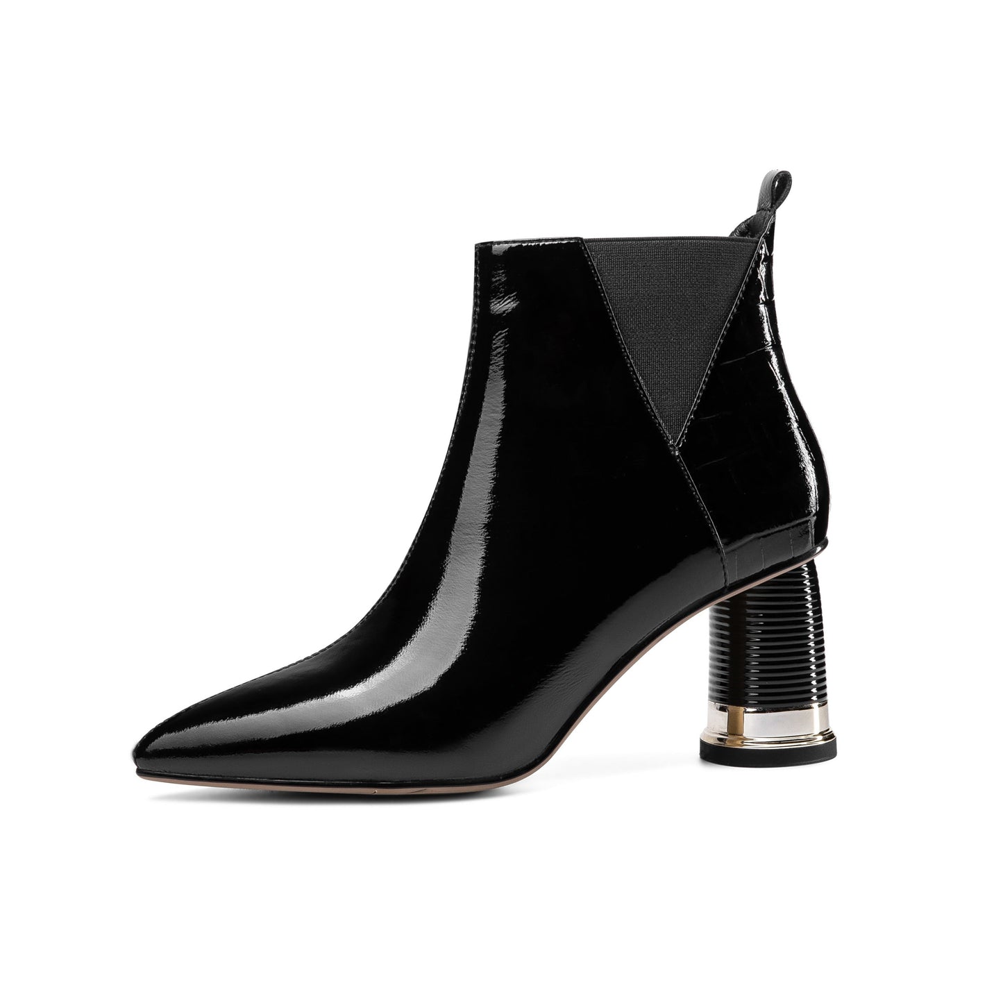 Women's Glossy Patent Leather Handmade Mid Chunky Heel Side Zip Up Pointed Toe Stylish Ankle Boots