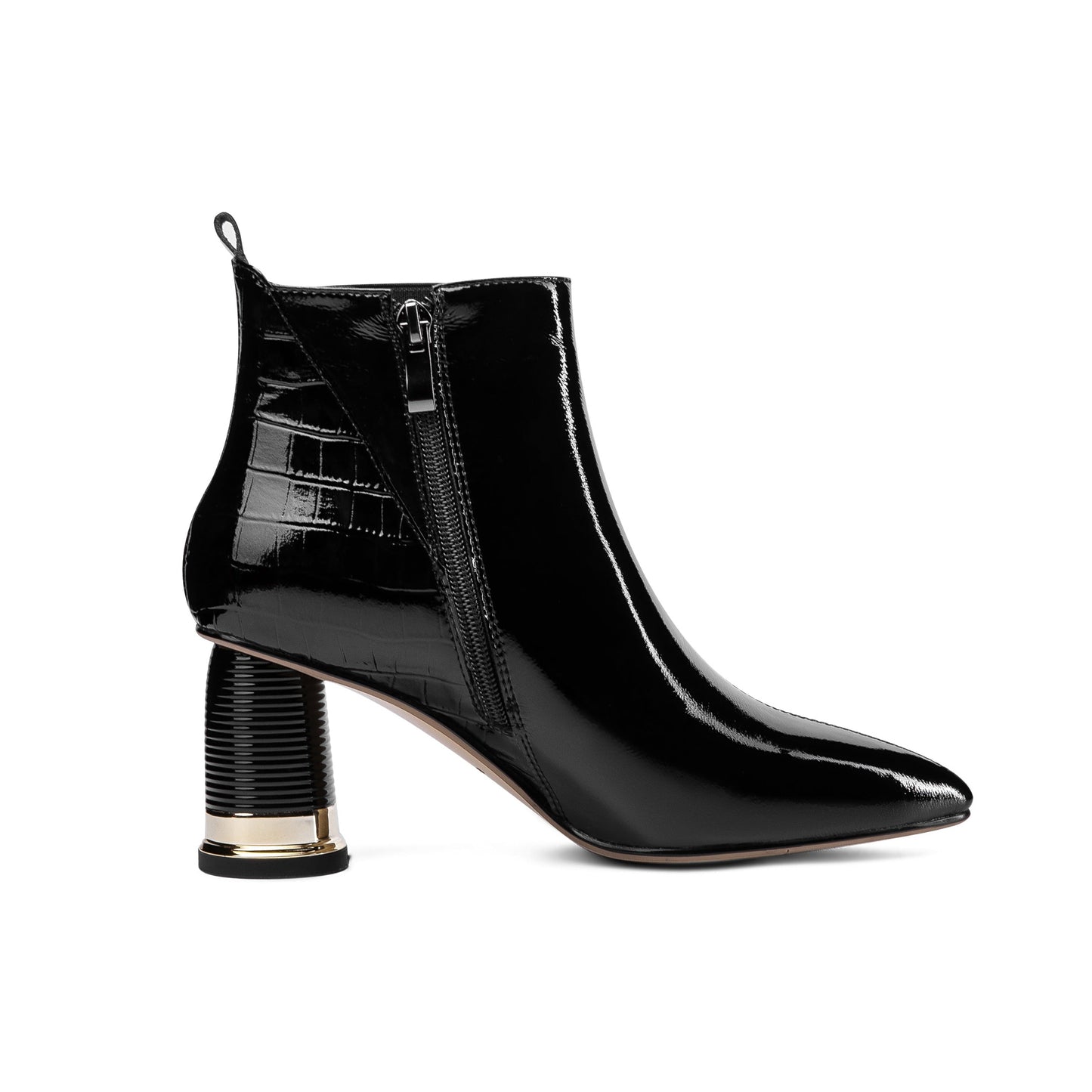 Women's Glossy Patent Leather Handmade Mid Chunky Heel Side Zip Up Pointed Toe Stylish Ankle Boots