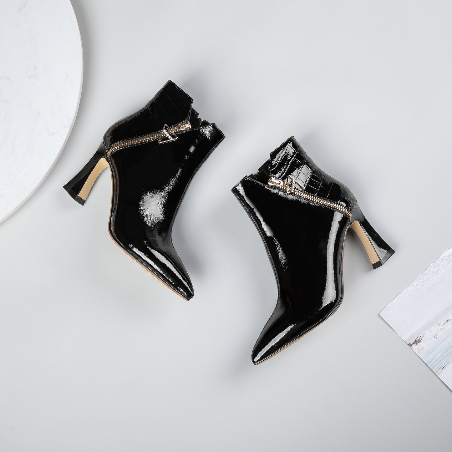 Women's Handmade Patent Leather Pointed Toe High Heel Side Zip Up Glossy Plus Size Ankle Booties