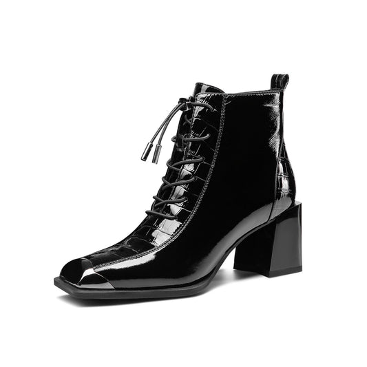 Women's Patent Leather Handmade Square Cap-Toe Mid Chunky Heel Side Zipper Ankle Boots with Band