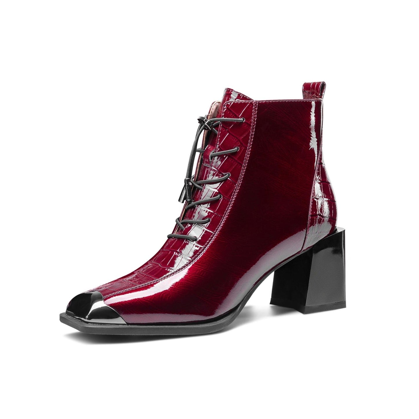 Women's Patent Leather Handmade Square Cap-Toe Mid Chunky Heel Side Zipper Ankle Boots with Band