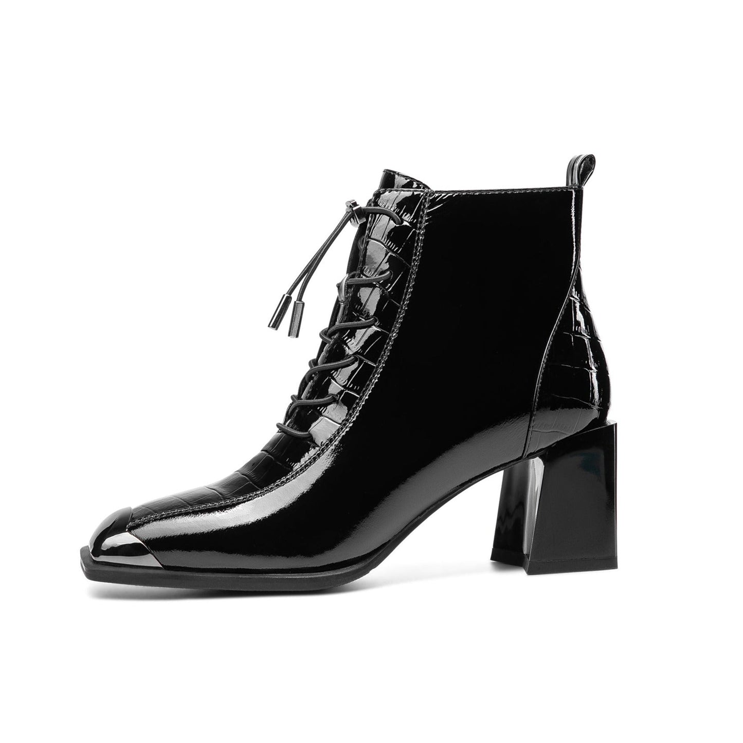 Women's Patent Leather Handmade Square Cap-Toe Mid Chunky Heel Side Zipper Ankle Boots with Band