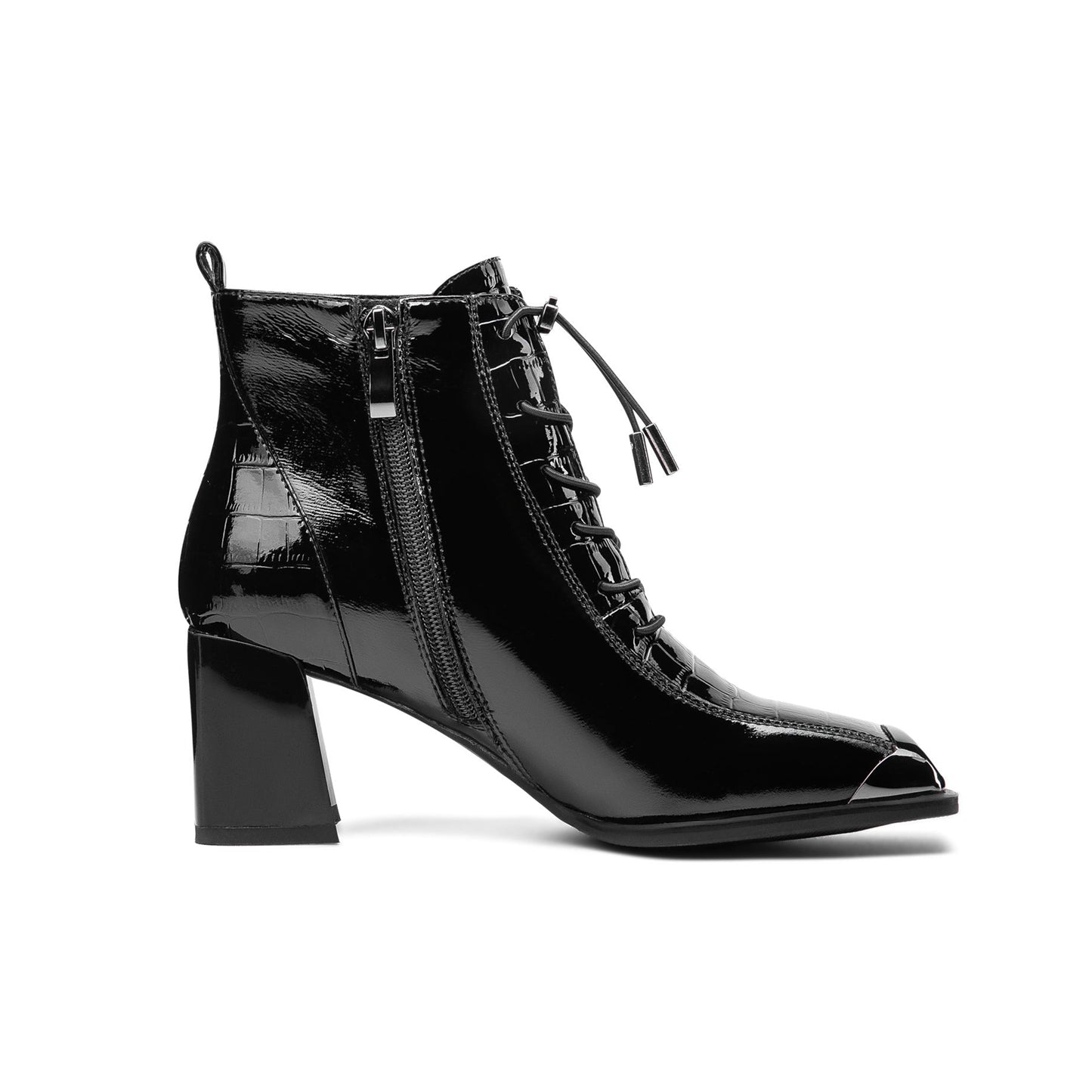 Women's Patent Leather Handmade Square Cap-Toe Mid Chunky Heel Side Zipper Ankle Boots with Band