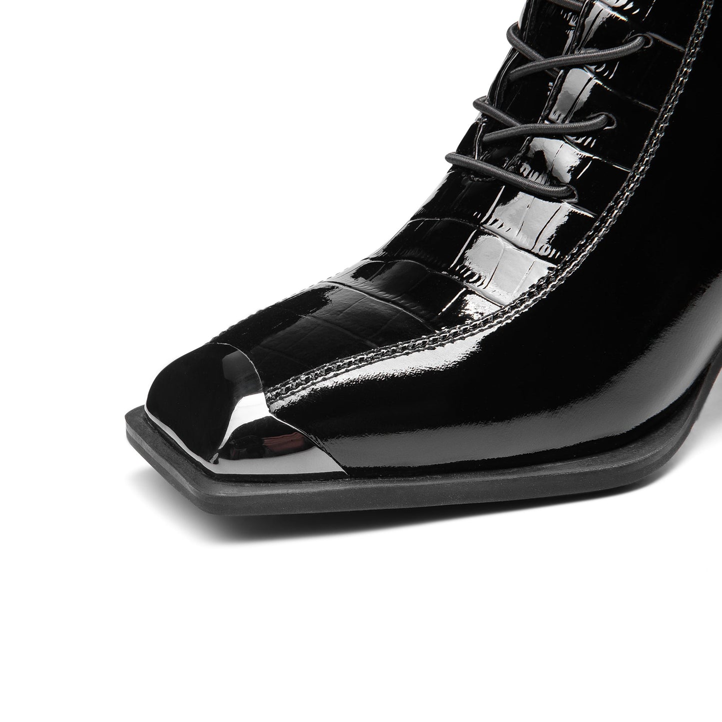 Women's Patent Leather Handmade Square Cap-Toe Mid Chunky Heel Side Zipper Ankle Boots with Band