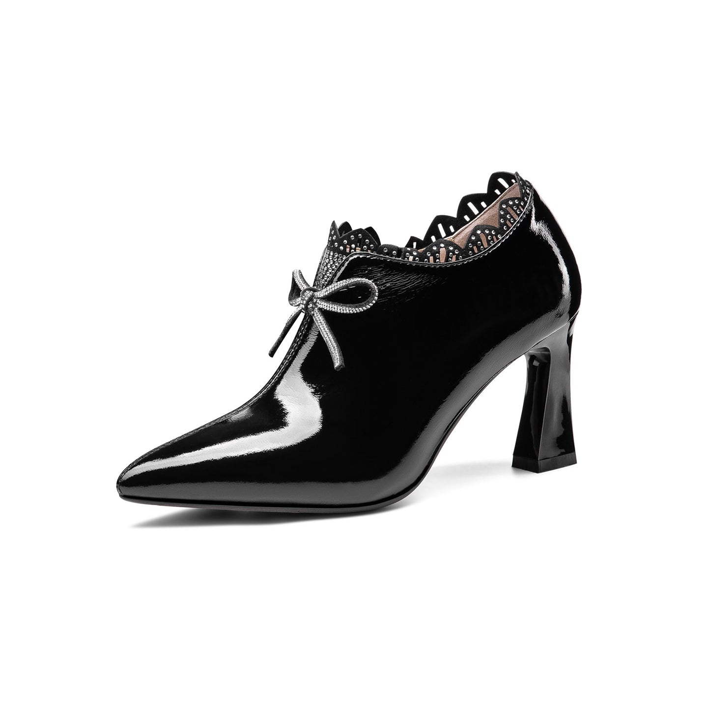 Women's Handmade Glossy Patent Leather Pointed Toe Mid Heel Side Zip Up Pump Shoes with Cute Bowtie