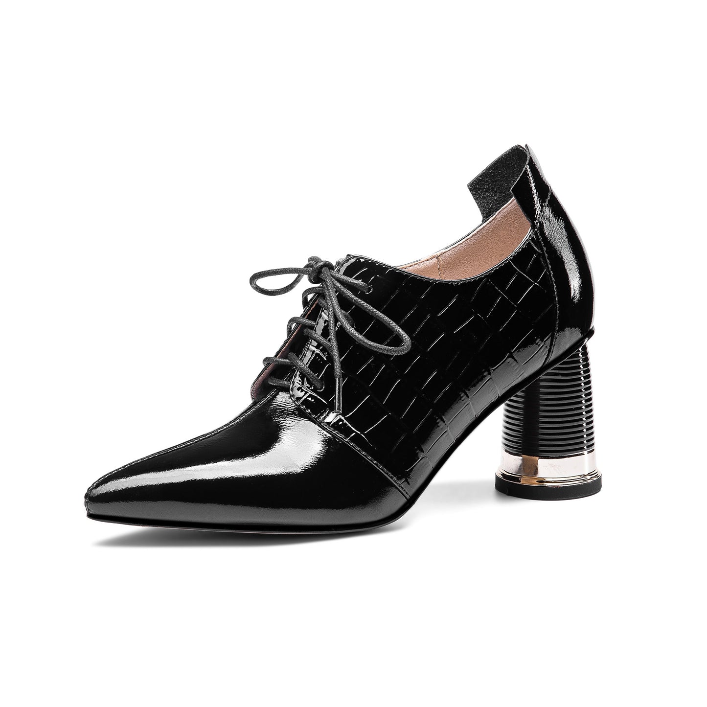 Women's Handmade Patent Leather Pointed Toe Mid Cylindrical Heel Lace Up Stylish Plus-Size Pump Shoes