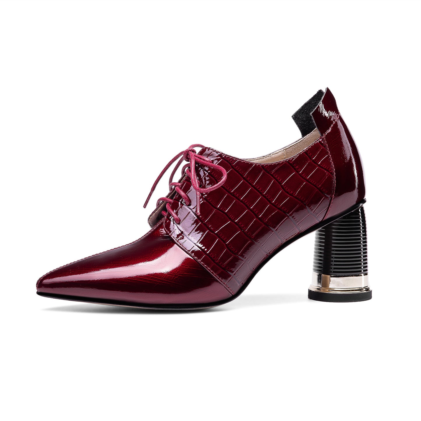 Women's Handmade Patent Leather Pointed Toe Mid Cylindrical Heel Lace Up Stylish Plus-Size Pump Shoes