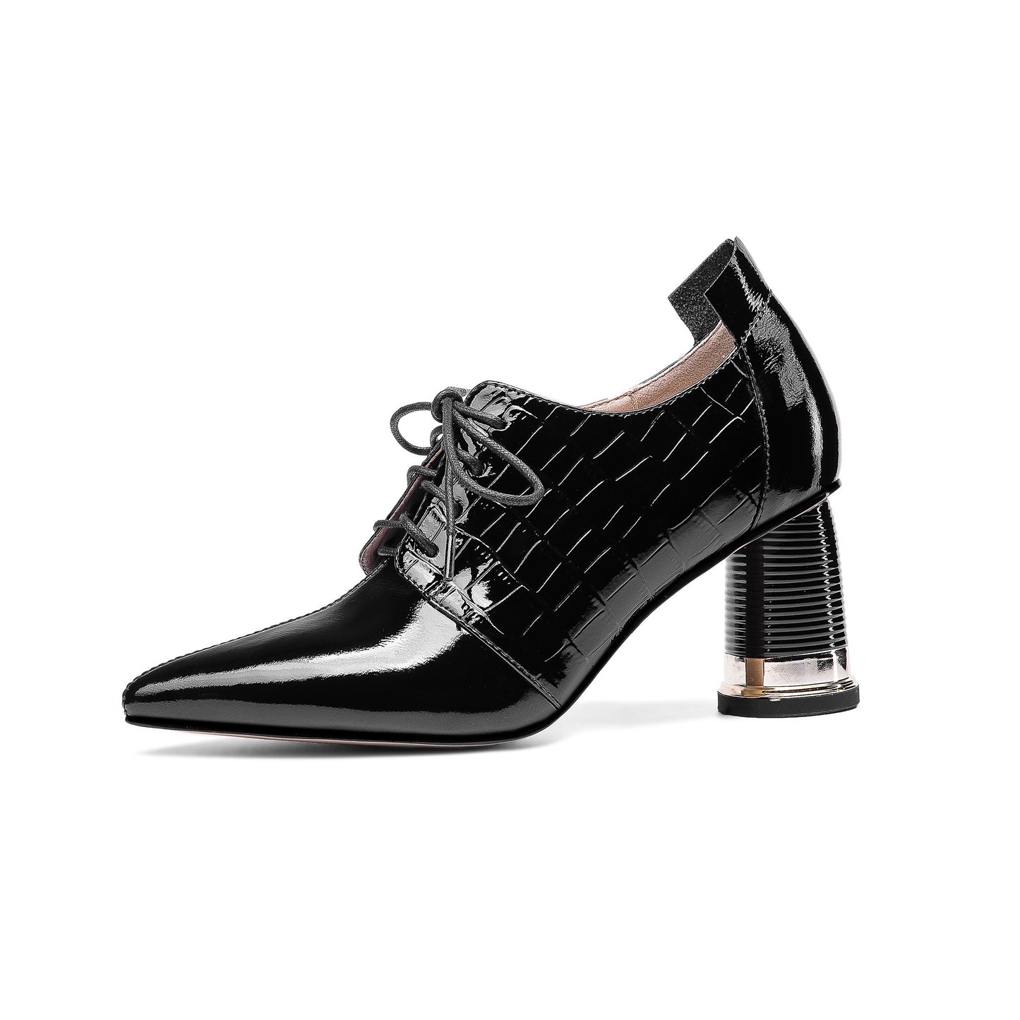 Women's Handmade Patent Leather Pointed Toe Mid Cylindrical Heel Lace Up Stylish Plus-Size Pump Shoes