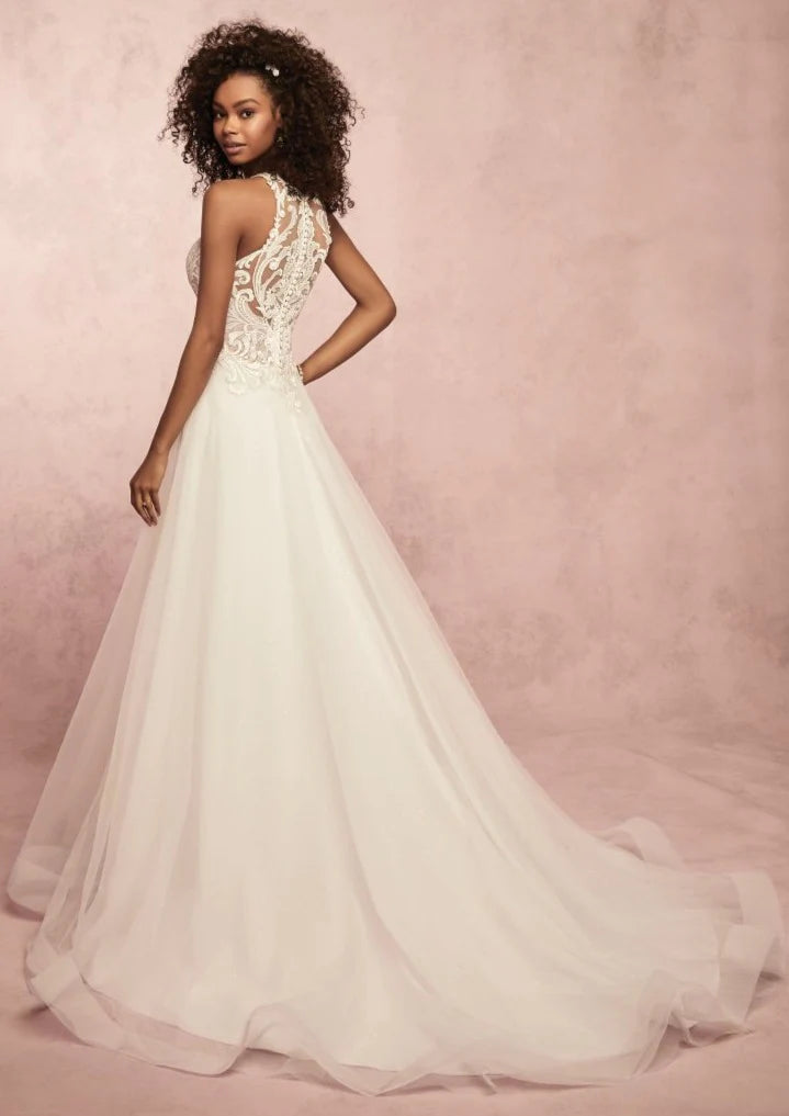 Nine Seven Lace Appiques Jewel Neck Button A-Line Wedding Dress Customization