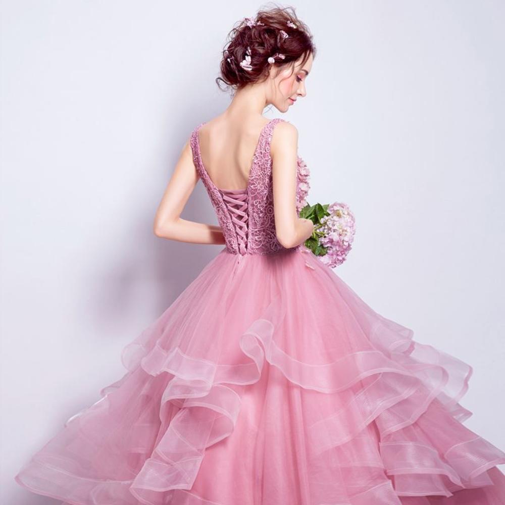 BelaCustom Princess Ruffle Pink Wedding Dresses for Bride Lace Up Bridal Gowns with Embroidery Flower