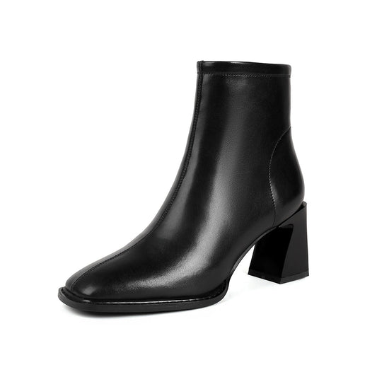 Nine Seven Women's Genuine Leather Handmade Chunky Heel Square Toe Side zip Up Ankle Dress Booties